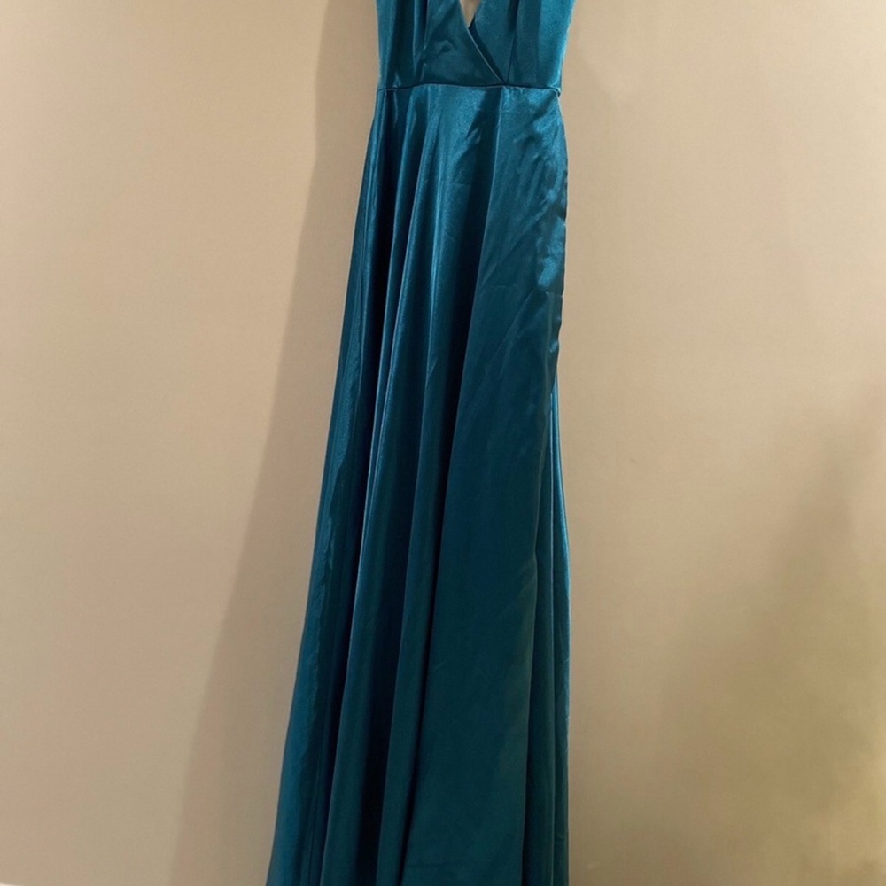 Satin Teal V-Neck Maxi Dress - Women